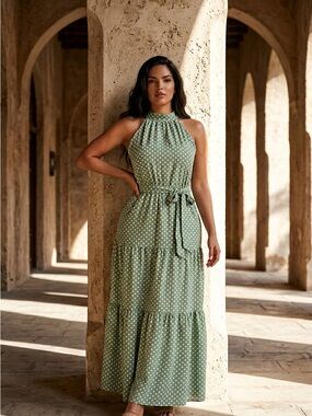 Sleeveless Sage Green Polka Dot Halter Maxi Dress with Self Tie